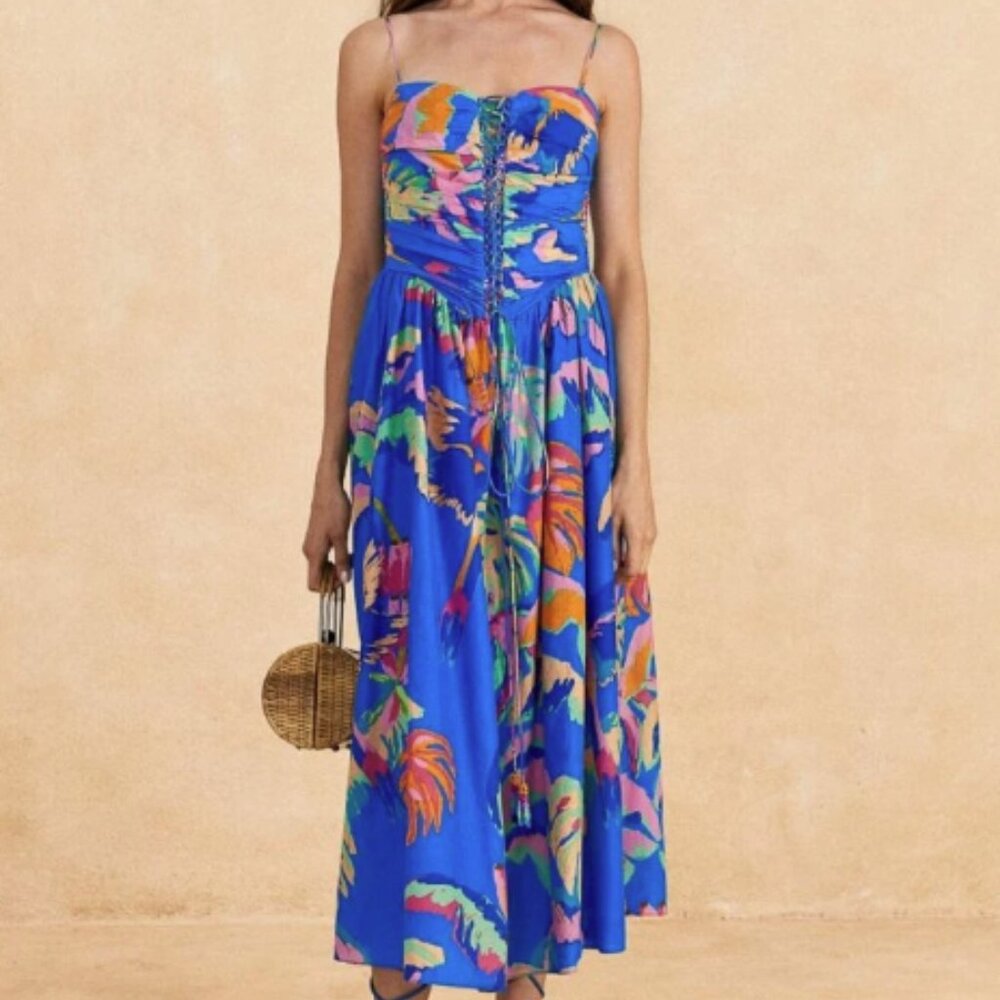 FARM Rio painted jungle blue midi dress size XL